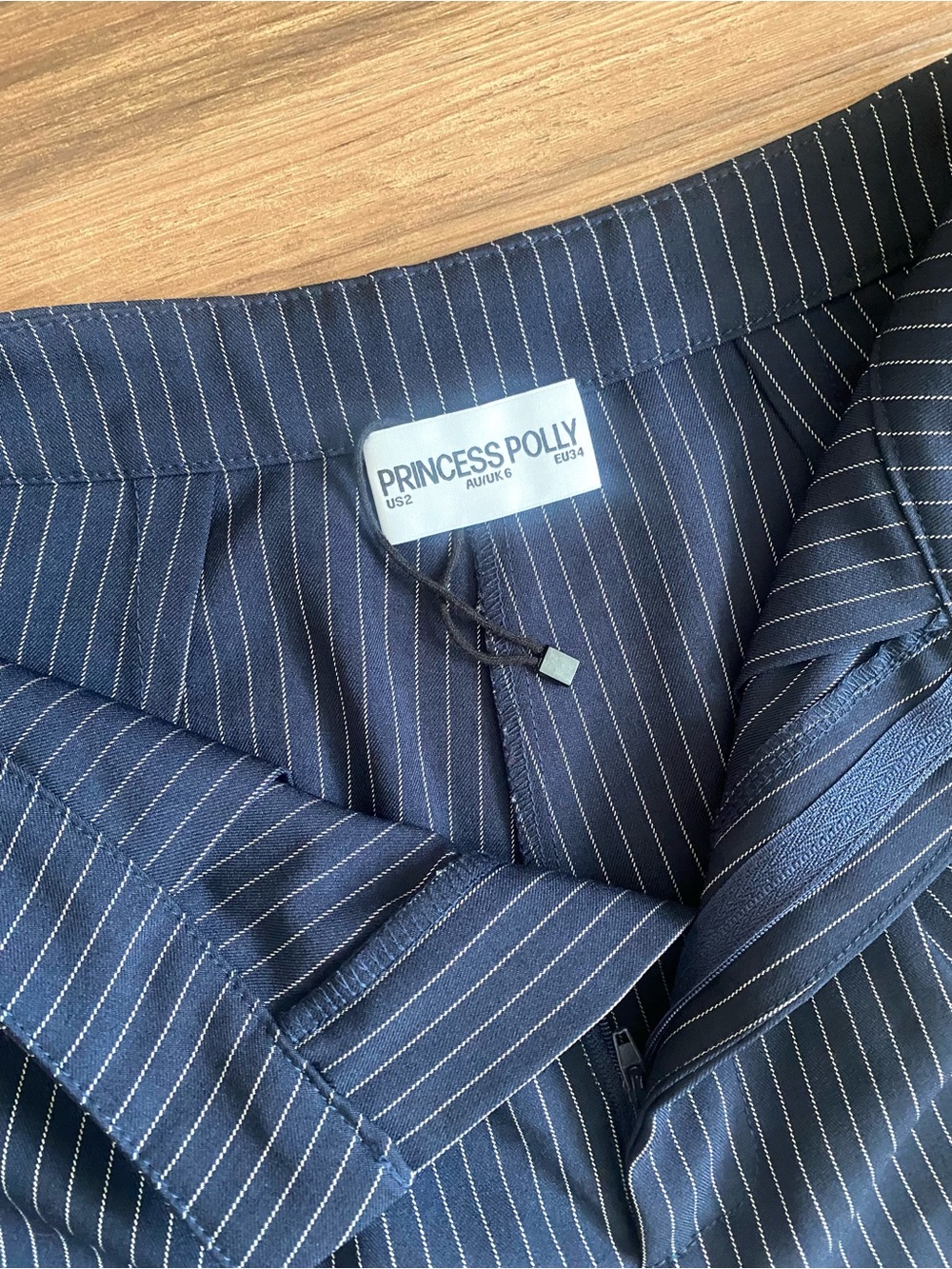 Princess Polly Navy Pinstripe Wrap Waist Wide Leg Pants High Rise US 2 - Picture 4 of 7